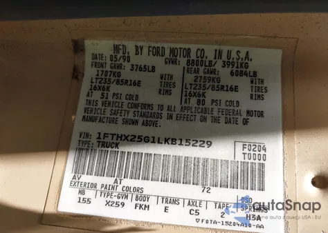 1990 Ford F250 from USA, damaged, VIN 1FTHX25G1LKB15229